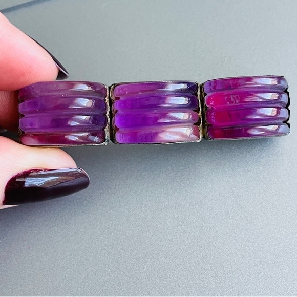 Antique Chinese Carved Amethyst Sterling Silver Ribbed Rectangle Pin Bro… - Picture 9 of 12